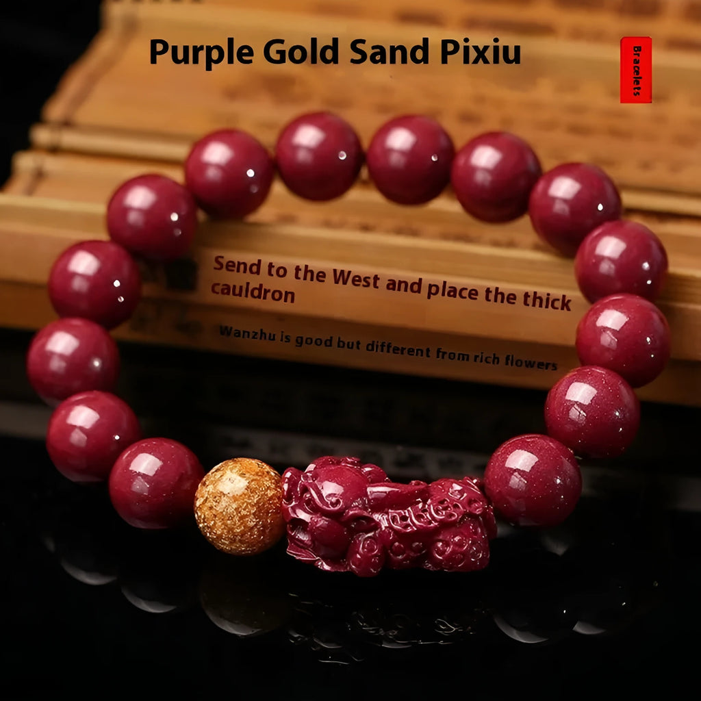 Purple gold sandstone cinnabar bracelet with engraved totem symbols showing bead diameter options