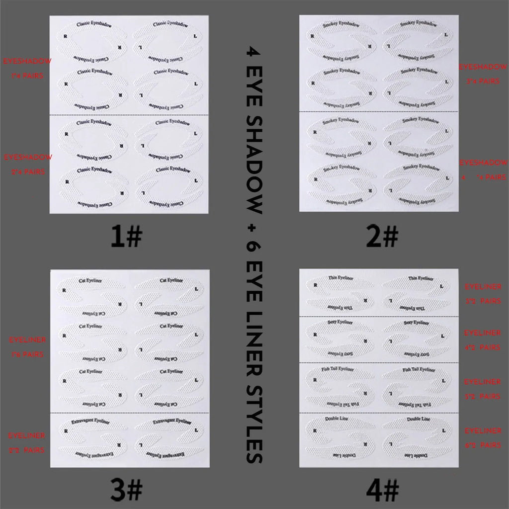 Four reusable silicone eyeliner stencil templates on a pink background, showing winged and graphic design cut-outs.
