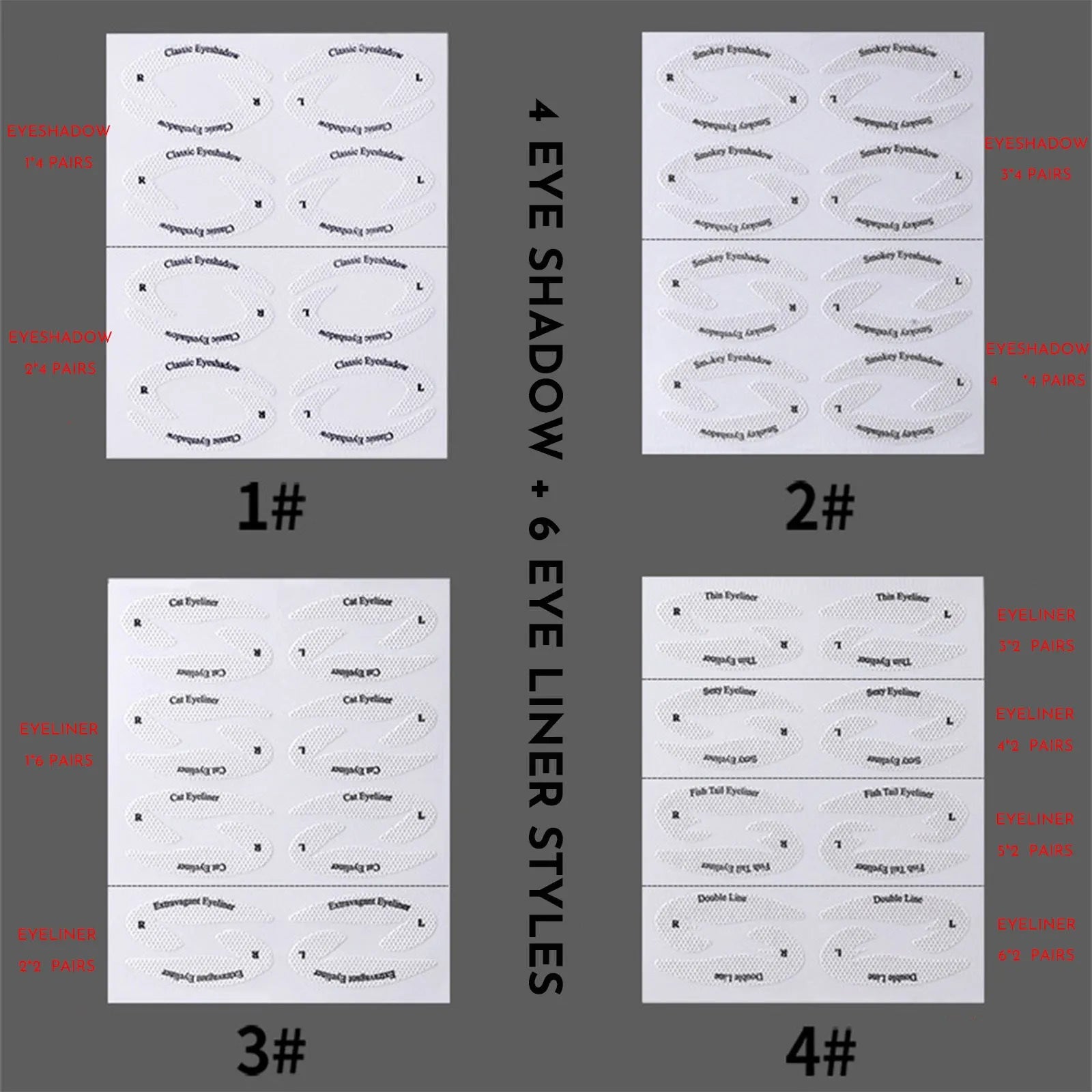 Four reusable silicone eyeliner stencil templates on a pink background, showing winged and graphic design cut-outs.