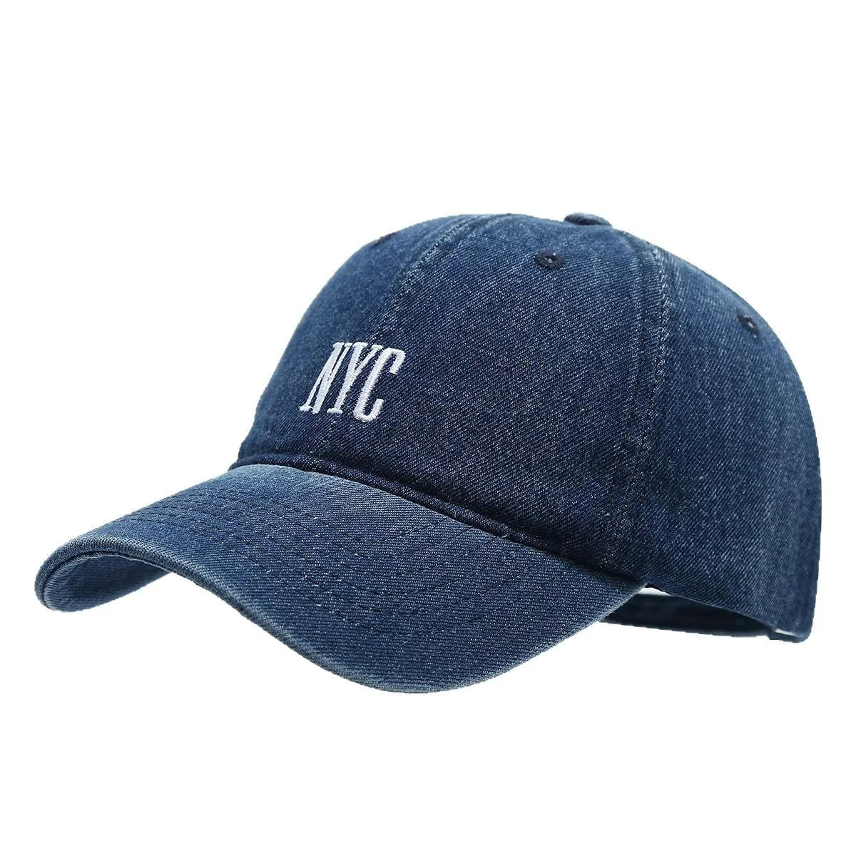 Adjustable denim peaked cap with retro alphabet lettering in black, dark blue and light blue options