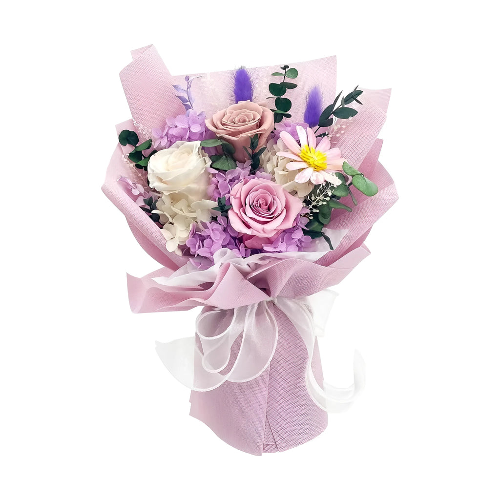 Preserved fresh flower rose bouquet in purple, gray blue, white, pink, or khaki, supplied as one bunch for gifting.