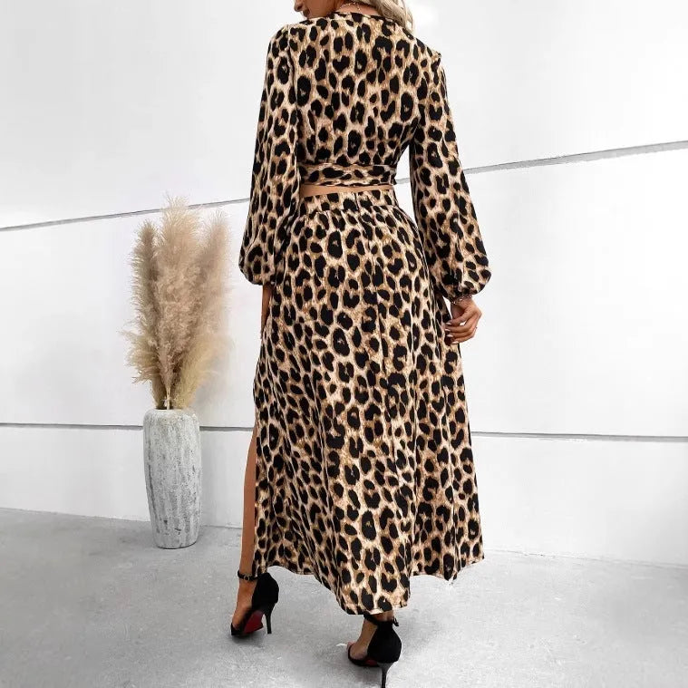 Animal print polyester suit set with V-neck top and long lantern sleeves in multi-colour