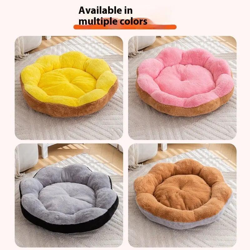 Round grey and black plush cat bed with a removable nest, shown with a cat curled up inside.