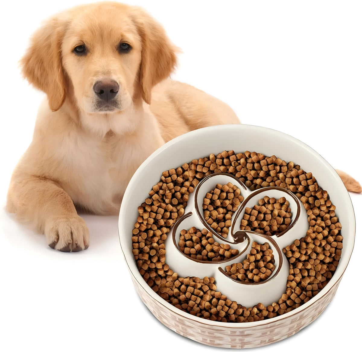 Ceramic slow feeder dog bowl with raised ridges in blue colour on a floor
