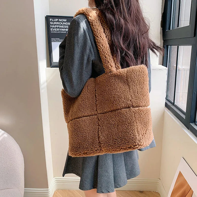 Women's plush furry tote handbag in solid colour with single shoulder strap, 42x30x16cm