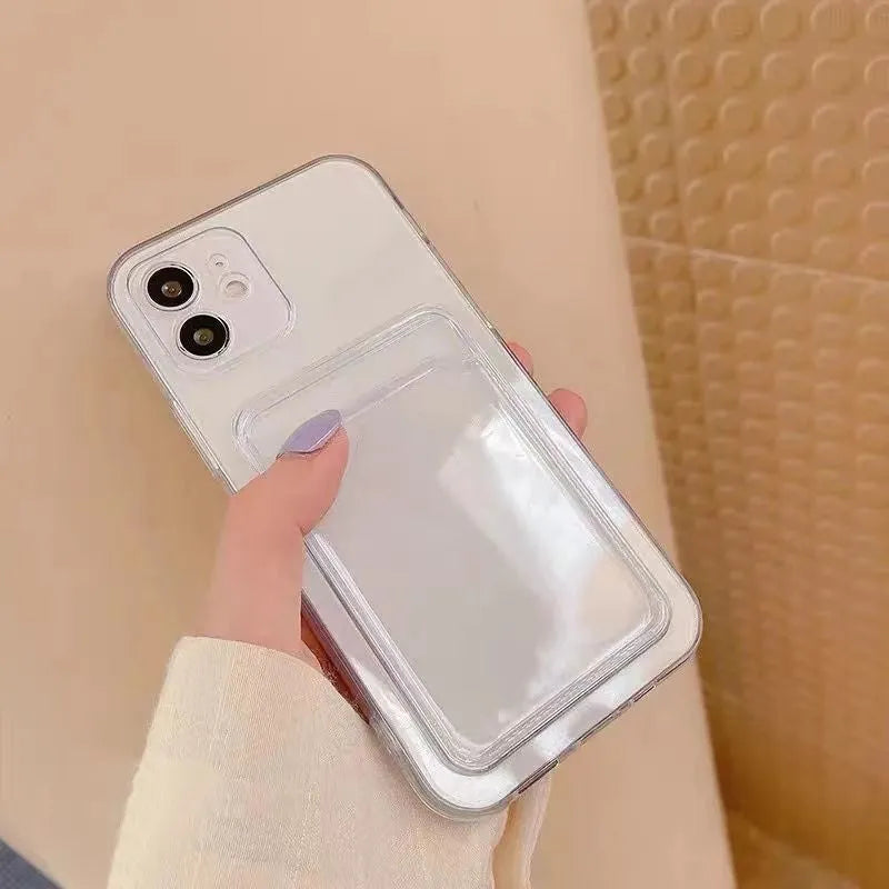 Transparent clear PVC iPhone case with card slots on back for Apple models.