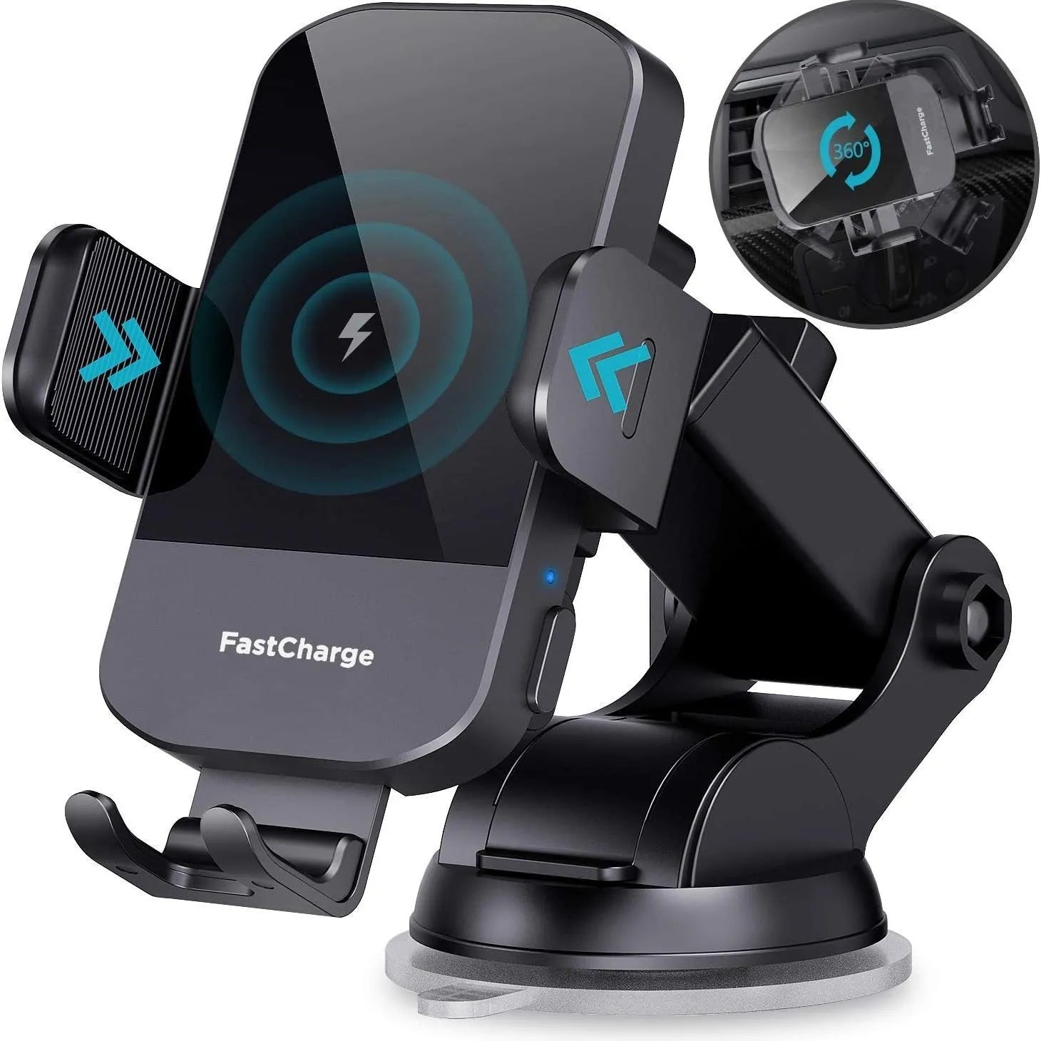 Black car wireless charging stand with 15W fast charging and multiple mounting options