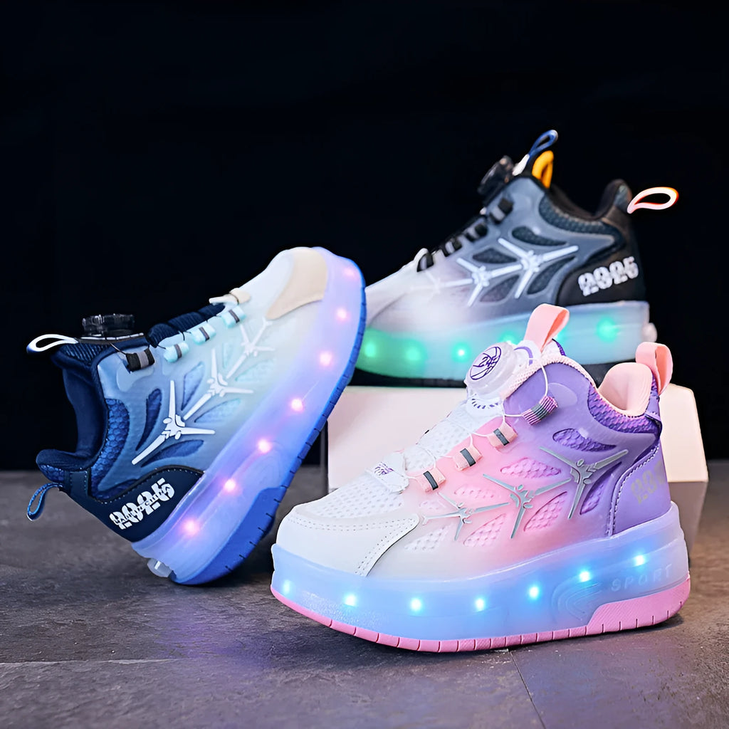 Children's adjustable knob roller skating shoes with rotating button and stripe pattern in blue, black, or pink colours