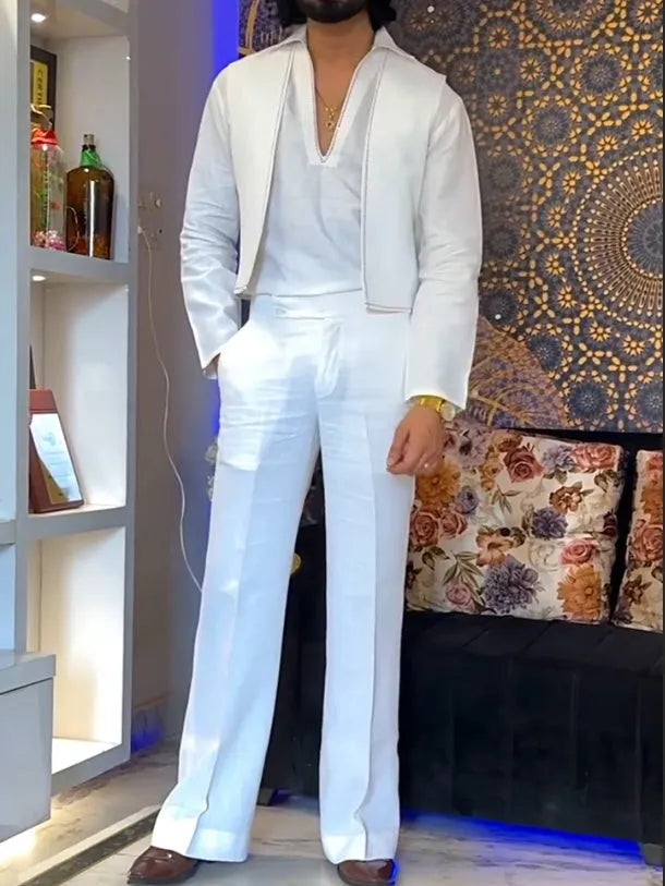 White polyester three-piece men's outfit showing V-neck shirt, sleeveless vest, and full-length trousers