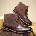 Men's retro Martin boots with carved leather patchwork, block heel, pointed toe, in brown colour