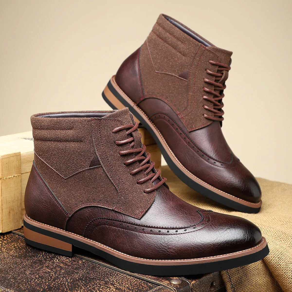 Men's retro Martin boots with carved leather patchwork, block heel, pointed toe, in brown colour