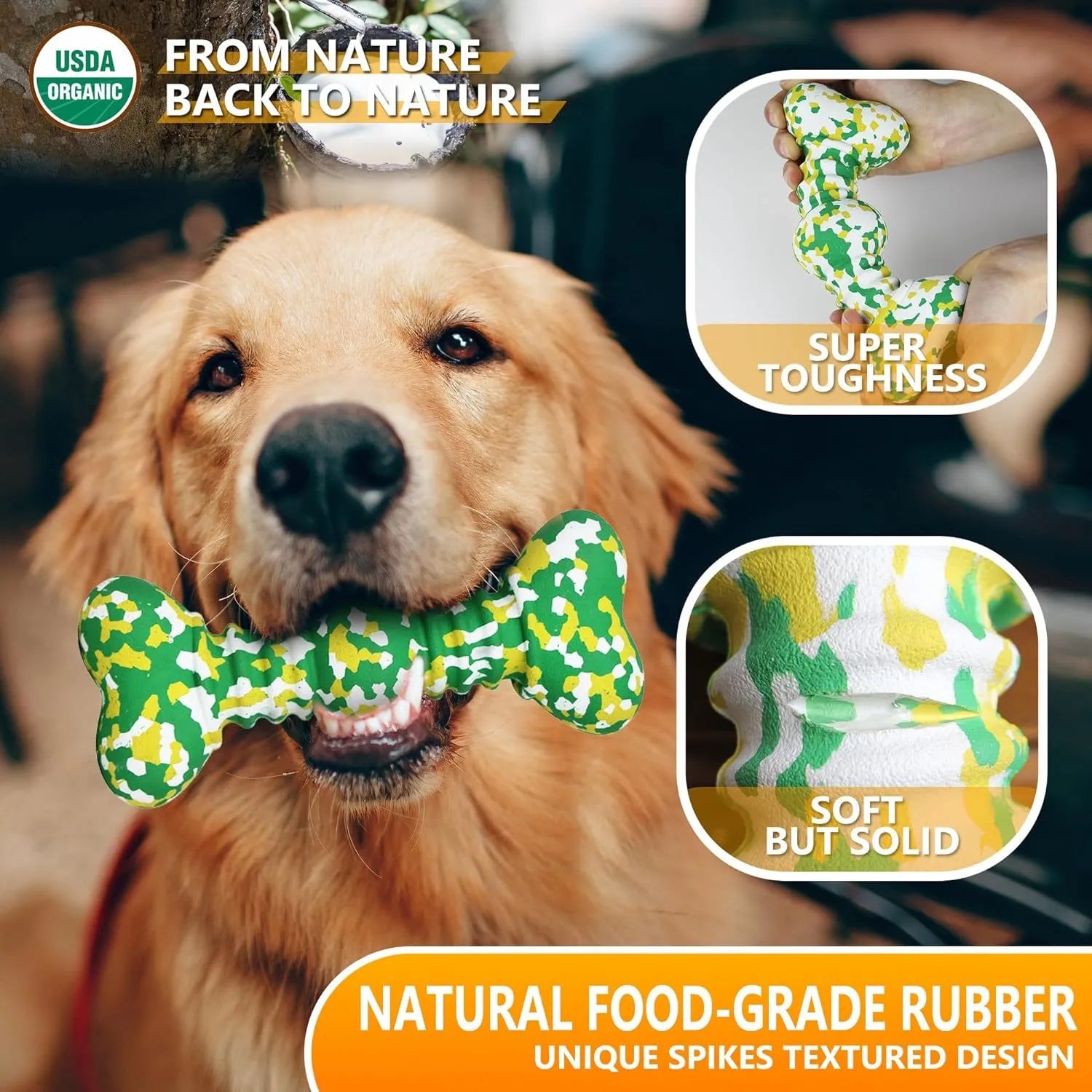 Green and white camouflage patterned natural rubber dog chew toy for large breeds on a wooden floor.