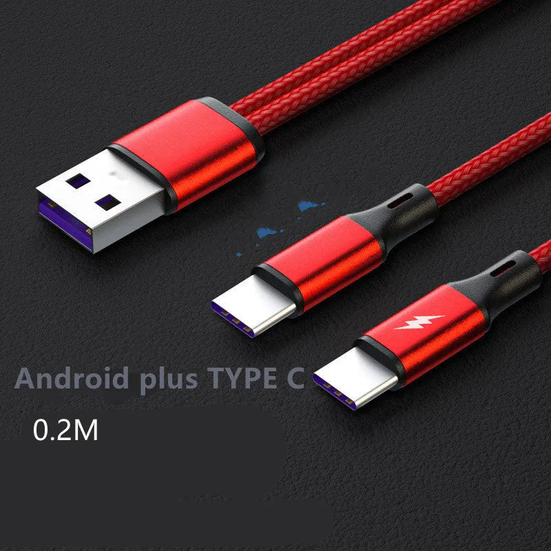 Black and red braided two-in-one fast charging cable with dual Android connectors.