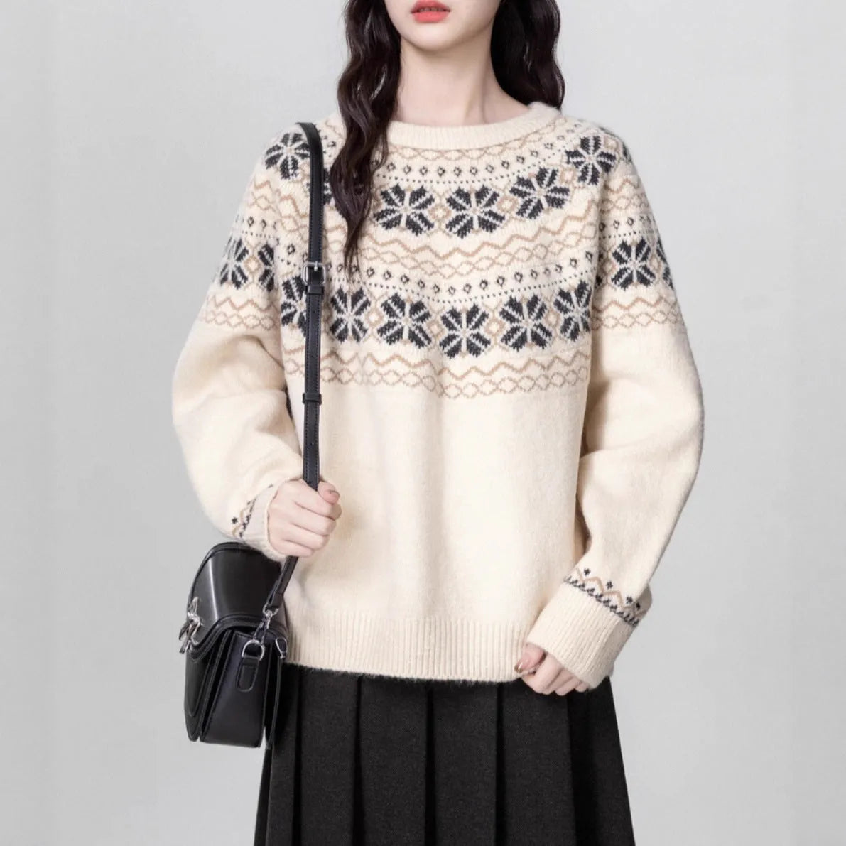 Milky White women's loose knit sweater with an all-over geometric Fair Isle pattern, crew neck, and long sleeves.