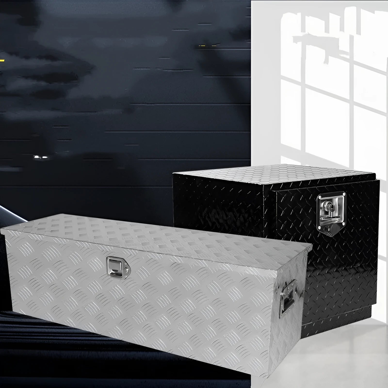 26-inch black aluminium T-casting toolbox with foam-lined interior for tool organisation