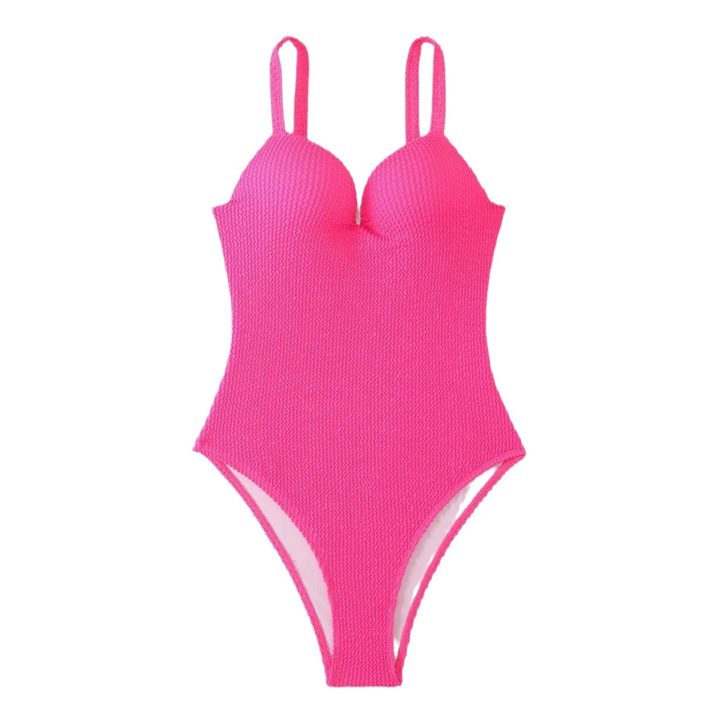 Women's one-piece swimsuit with sunk stripe pattern in polyester fabric for swimming