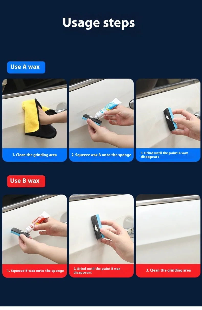 Car repair wax kit with two bottles (A Wax and B Wax) and a frosted sponge mop for scratch removal and paint polishing.