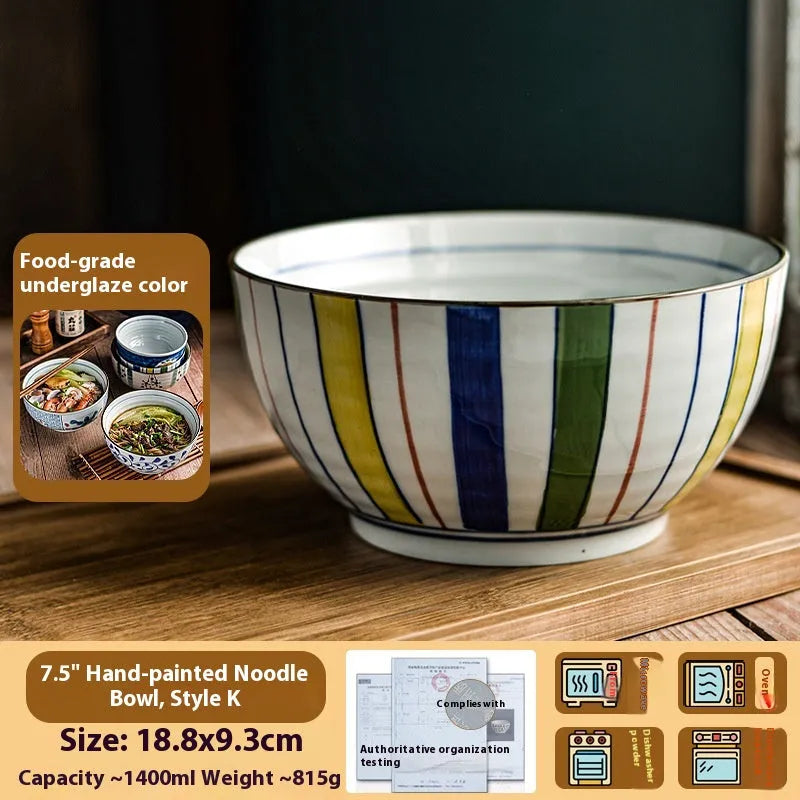 Ceramic hand-painted underglaze colour noodle bowl round 6 inch Japanese style retro soup bowl