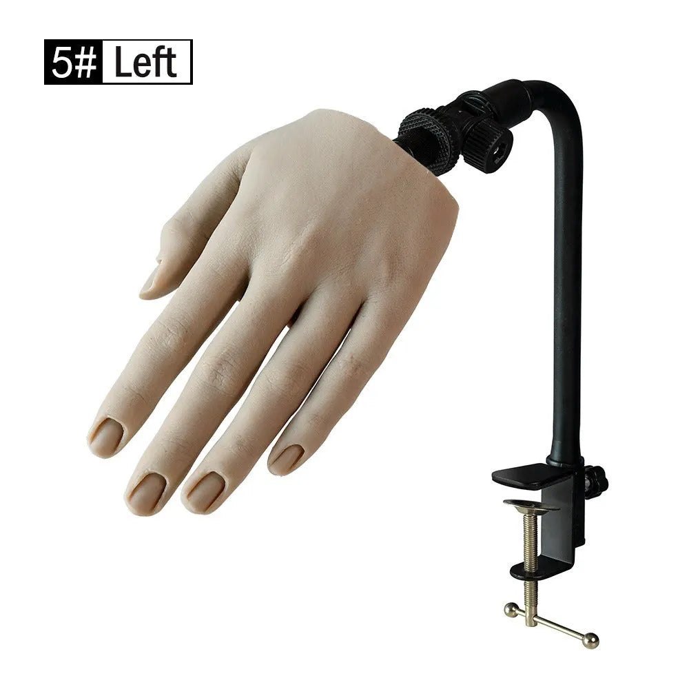 Silicone nail practice hand model with coloured nail tips on fingers for manicurist training.