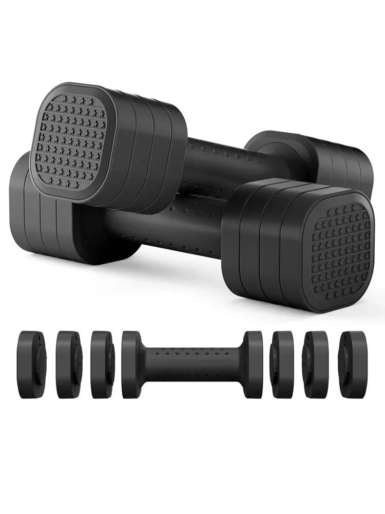 Set of two pink 5lb detachable dumbbells made of ABS plastic for women's fitness.