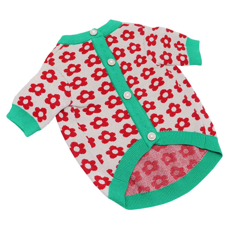 Cartoon print wool dog sweater for small medium dogs in rabbit, pig, strawberry and floral designs.