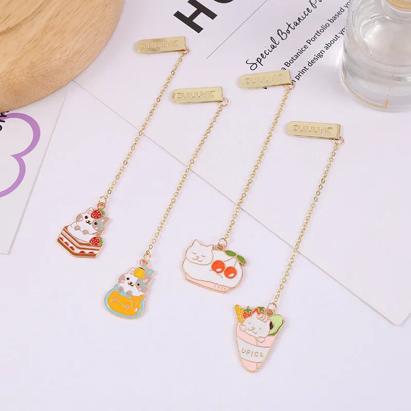 Jane Key Foodie Cute Cat metal bookmark with cartoon pendant in choice of four colour styles.