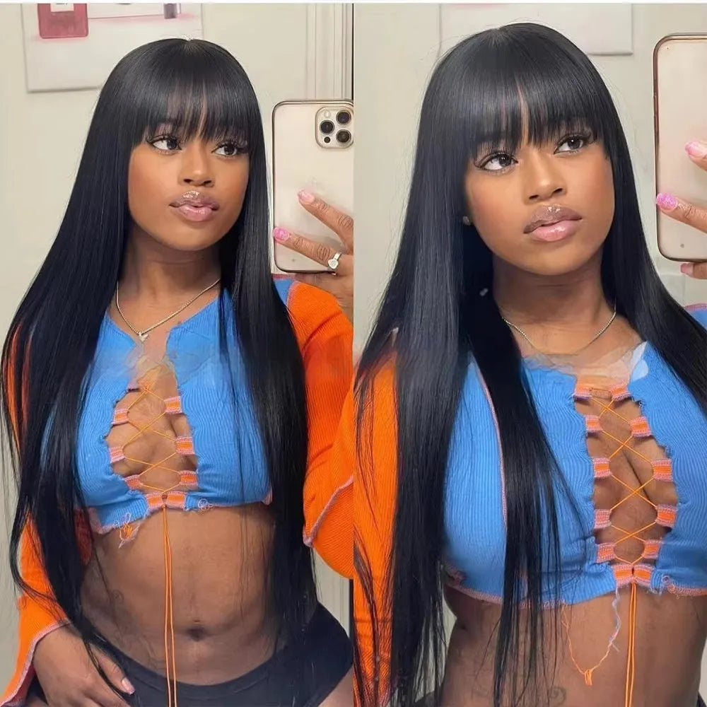Natural colour human hair wig with straight fringe and full-mechanism headgear on display