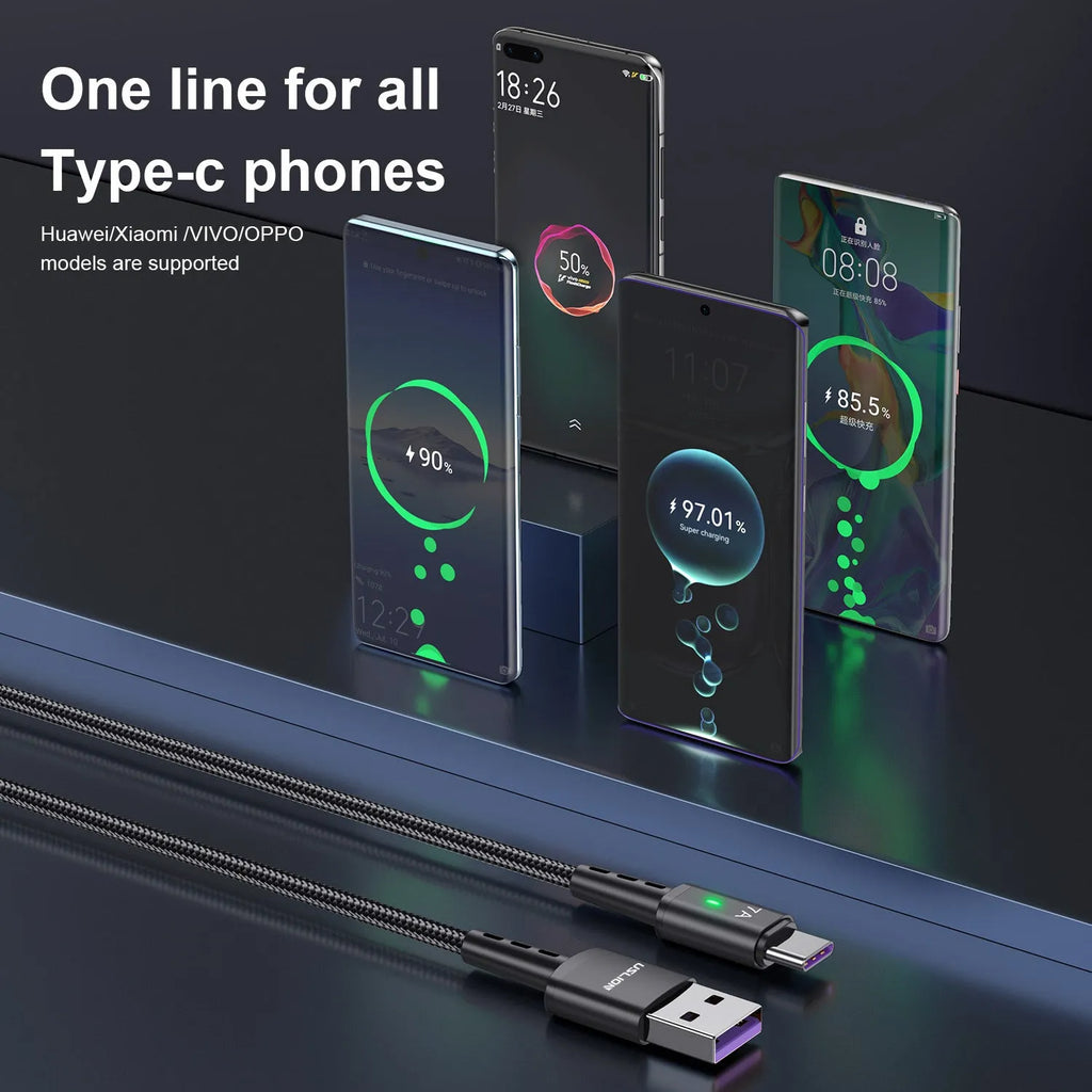 Braided Type-C charging cable with aluminium alloy connector in 2 metre length on a plain background