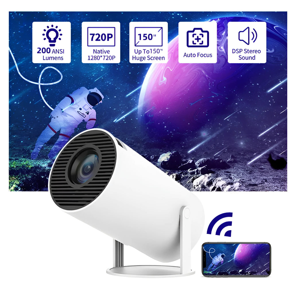 Portable home video projector with 180-degree stand, auto focus, 130-inch screen, and HY300 model in black.