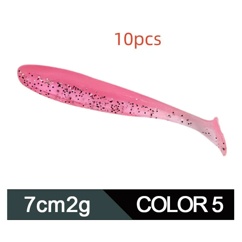 Two-tone soft plastic T-tail fishing lure measuring 7cm, shown in multiple colour variations.