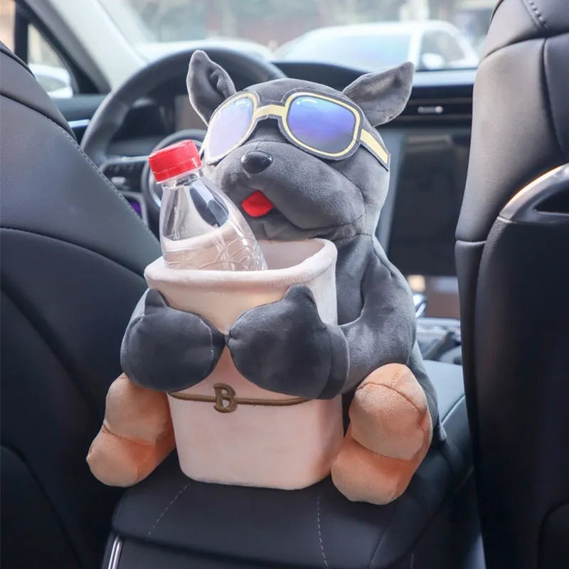 Plush car tissue box hanging from armrest showing 27x33cm dimensions and novelty dog design