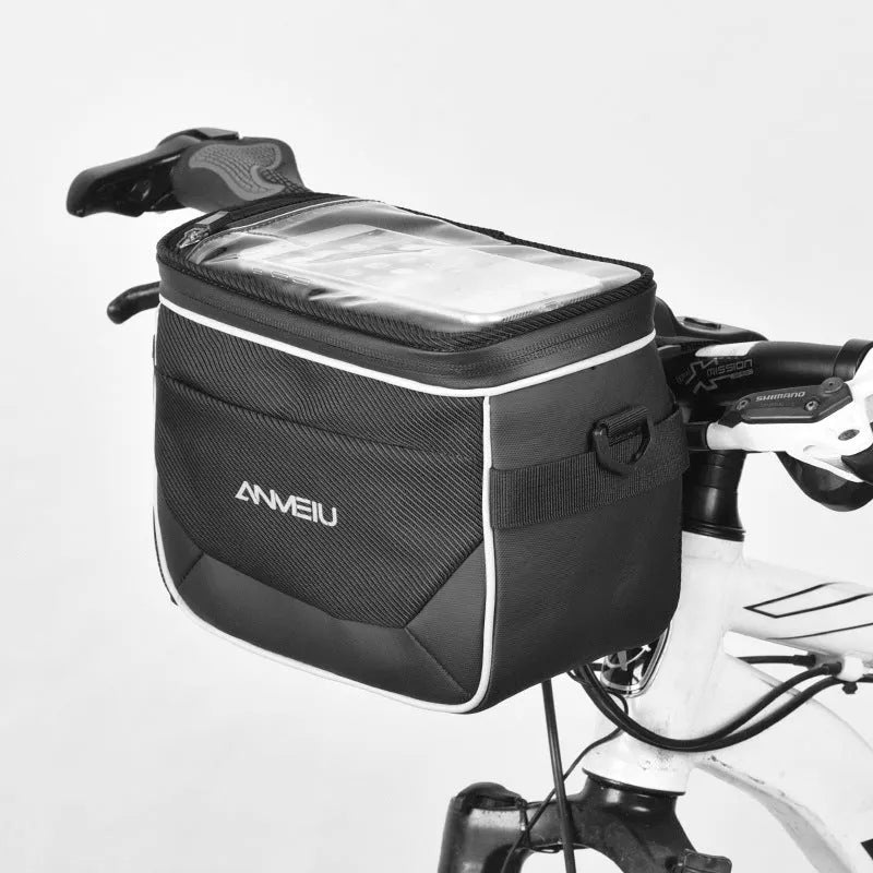 Black polyester bicycle handlebar bag with zippered closure mounted on bicycle