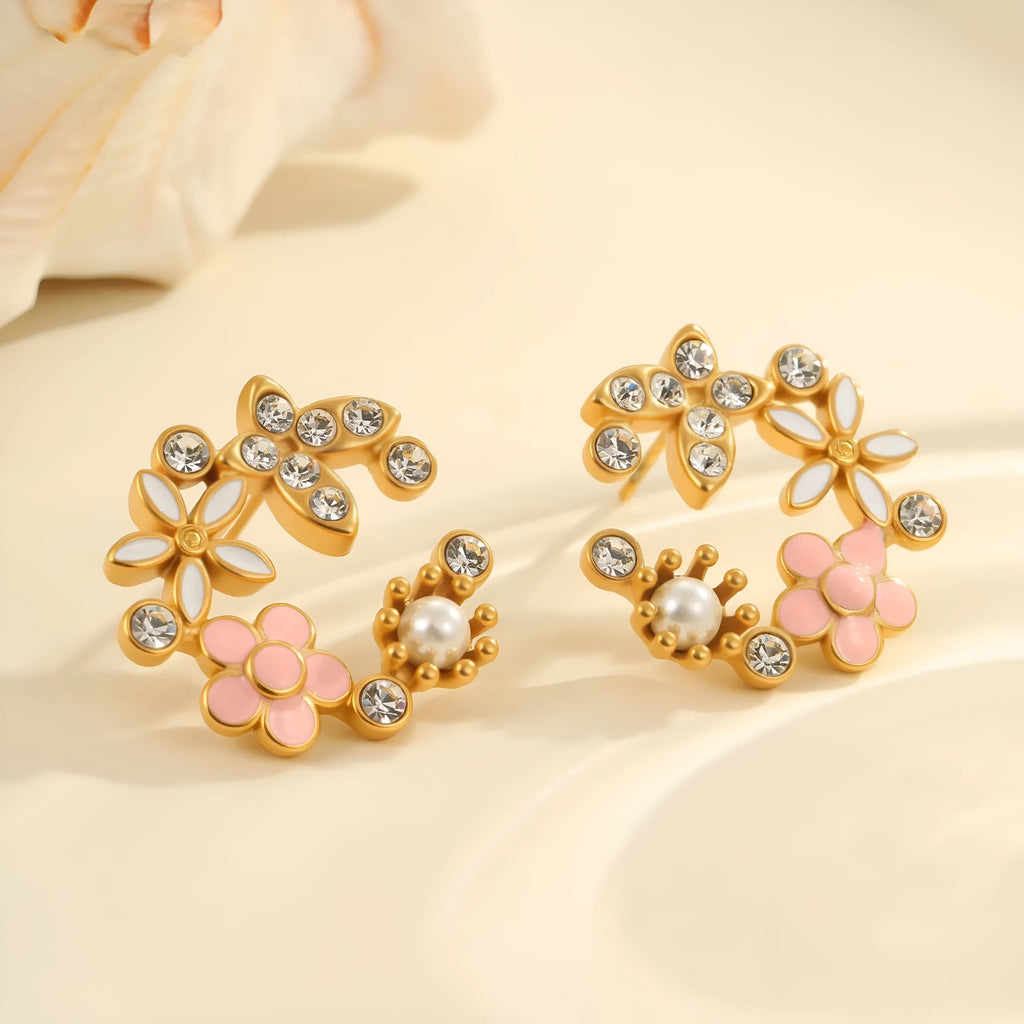 Flower stud earrings with petal design and colourful electroplating on stainless steel with 18K gold plating