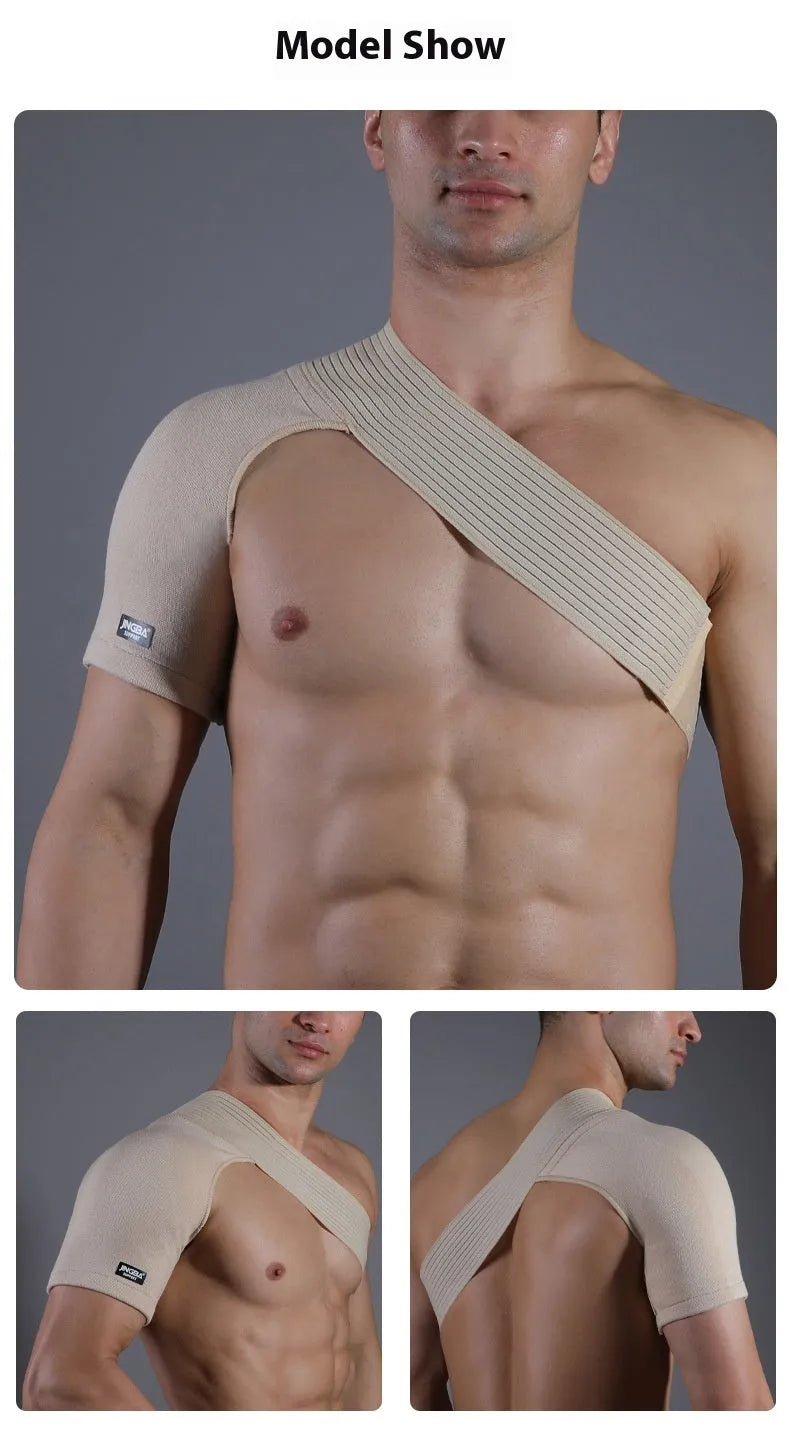 Adjustable single-shoulder sports protective gear in skin colour for weightlifting and multi-sport use.