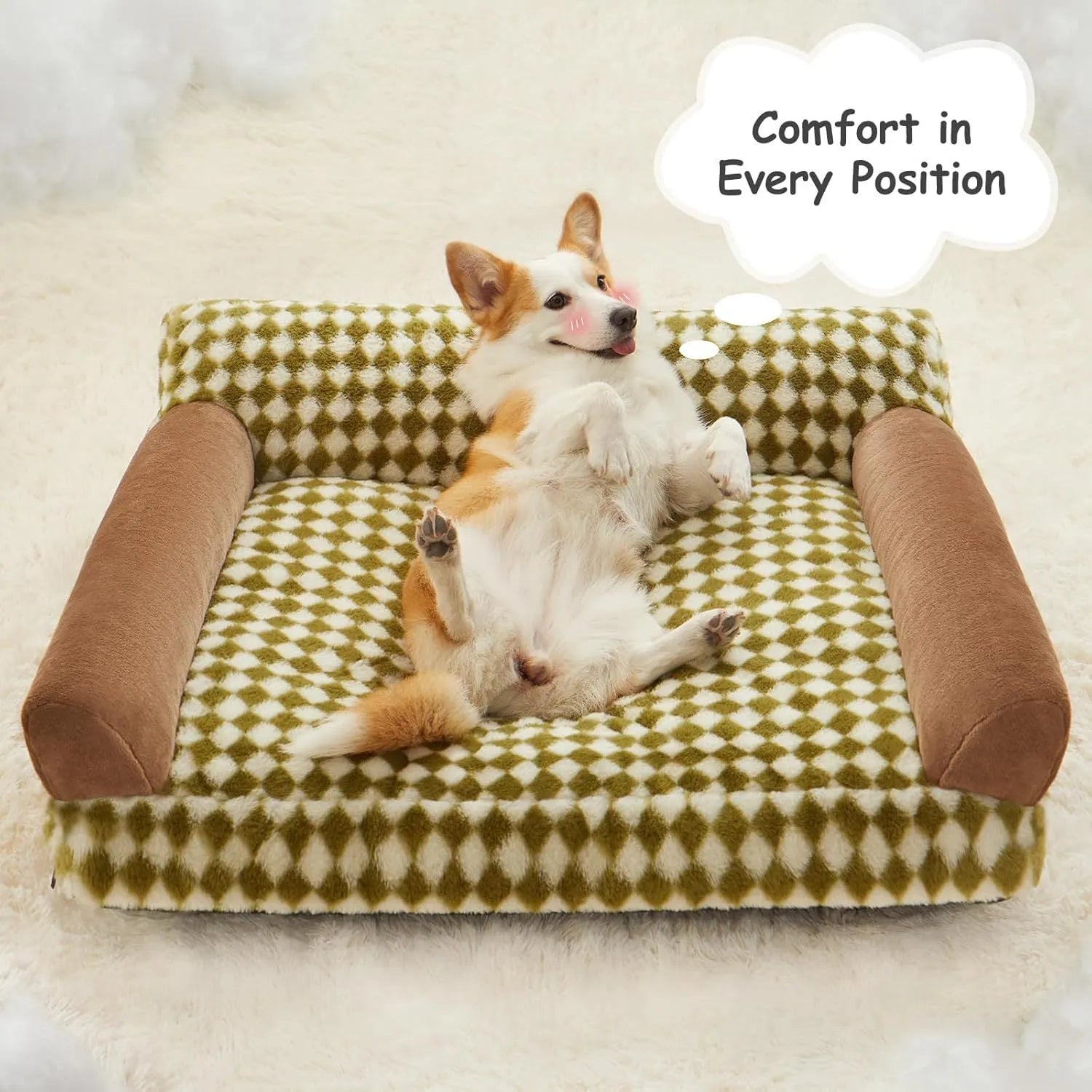 Checkered pet couch bed for small dogs and cats on a wooden floor, showing its raised design and removable cover.