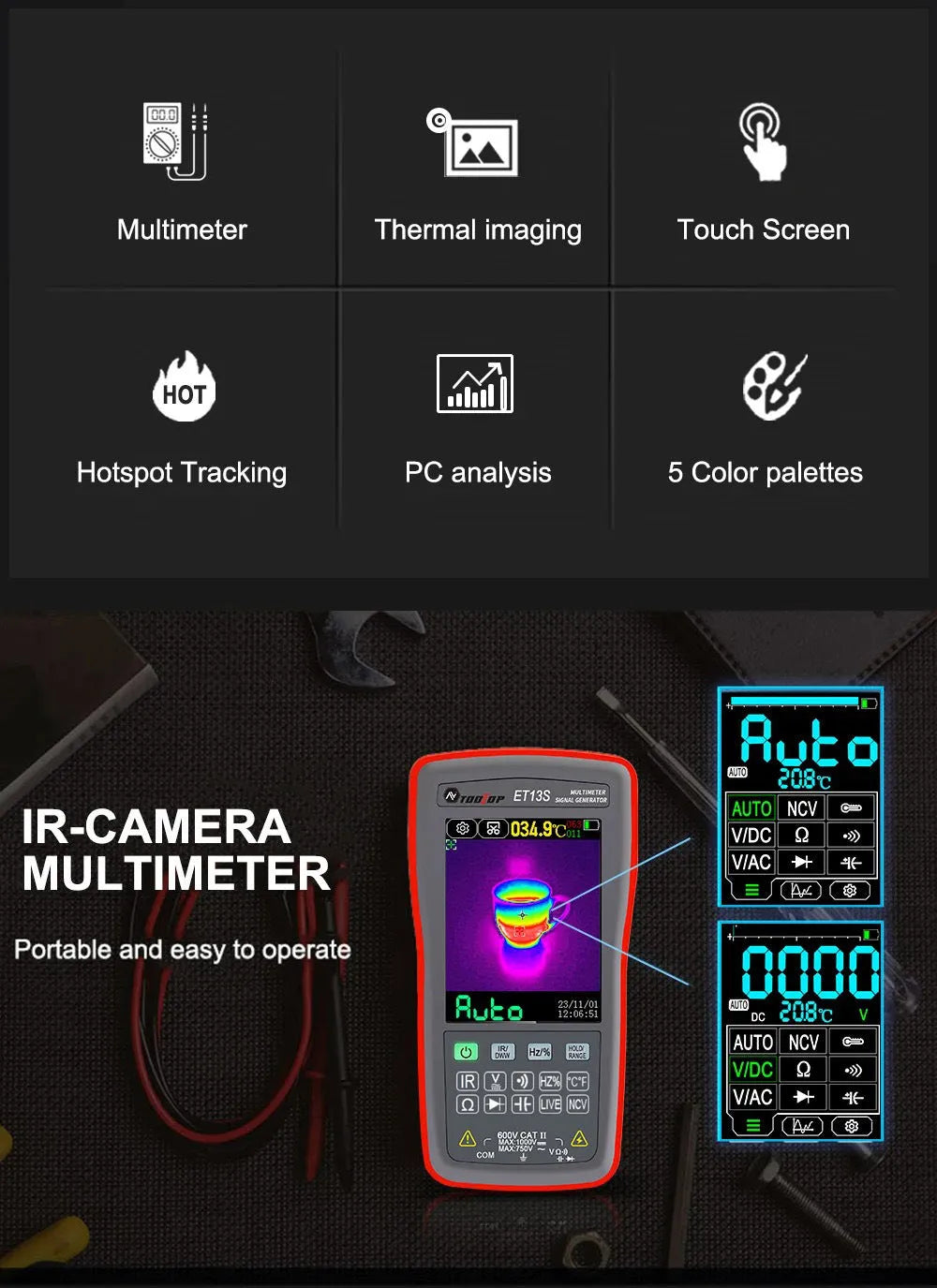 ET13S thermal imaging multimeter showing 2.8-inch touch screen display and compact handheld design