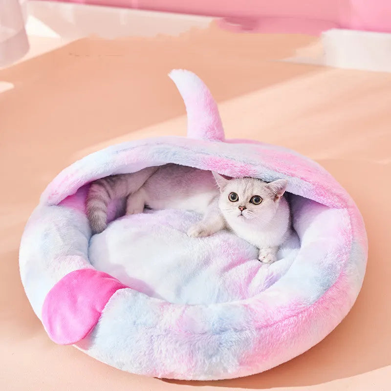 Pink plush enclosed cat bed with unicorn pattern, size S (35cm wide), for indoor pet sleep