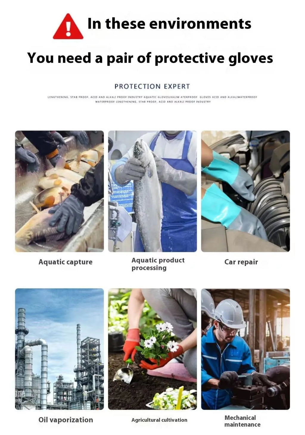 Navy blue nitrile fishing gloves with extended cuff, shown on hands holding a fish.