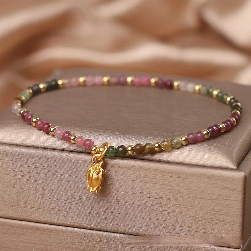 Natural Tourmaline floral bead anklet for women shown as both ankle chain and bracelet