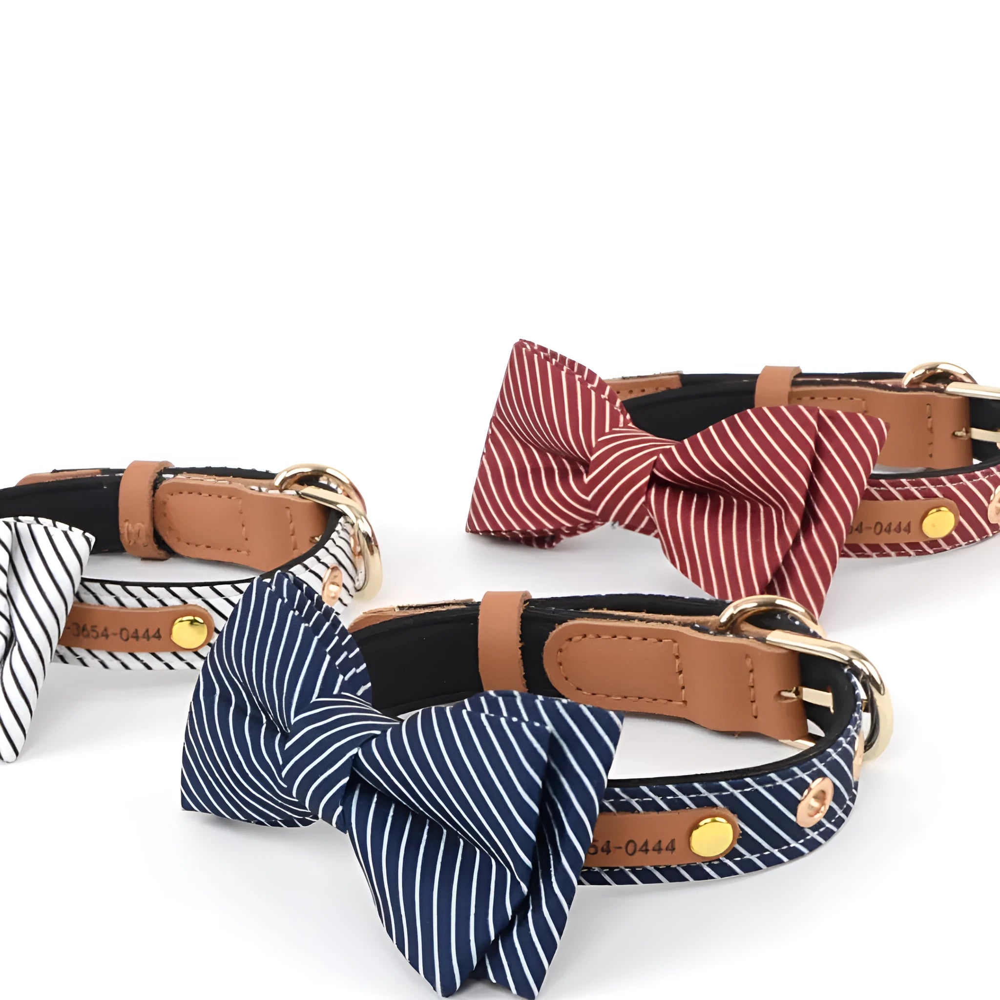Simple cotton dog collar with detachable bow in dark blue colour showing leather lettering option