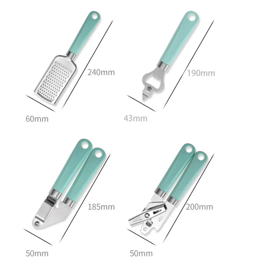 Kitchen utensil set with stainless steel heads and plastic handles including grater, whisk, and can opener