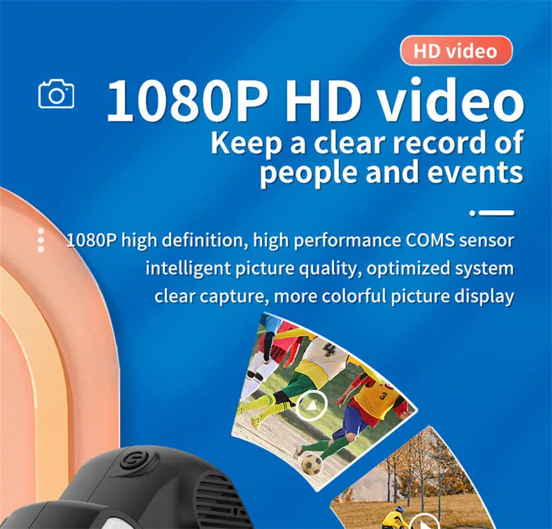 Black retro mini video camera with built-in screen showing 1080p HD recording