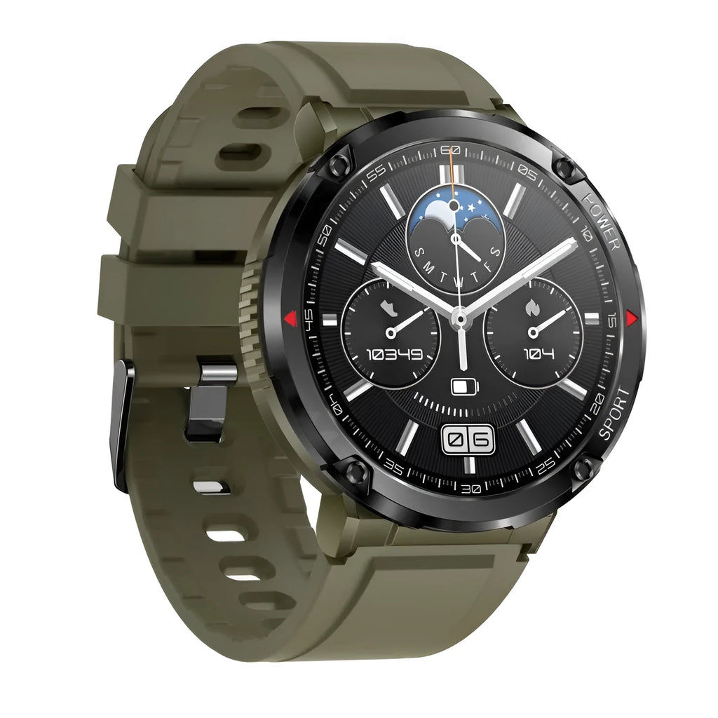 T30 smart watch with black silicone strap showing health stats on a circular 52mm screen.