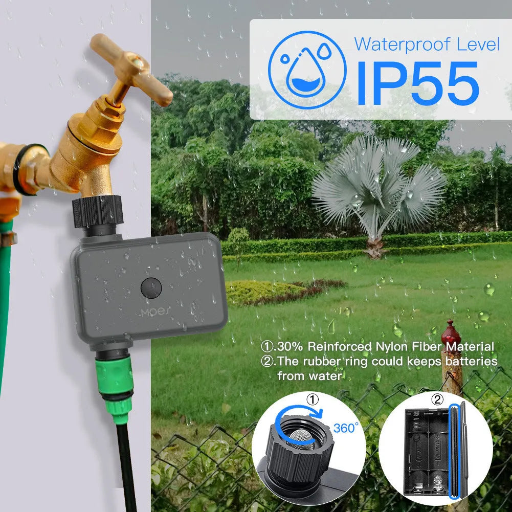 Bluetooth garden sprinkler timer with Smart Life app control on a tap
