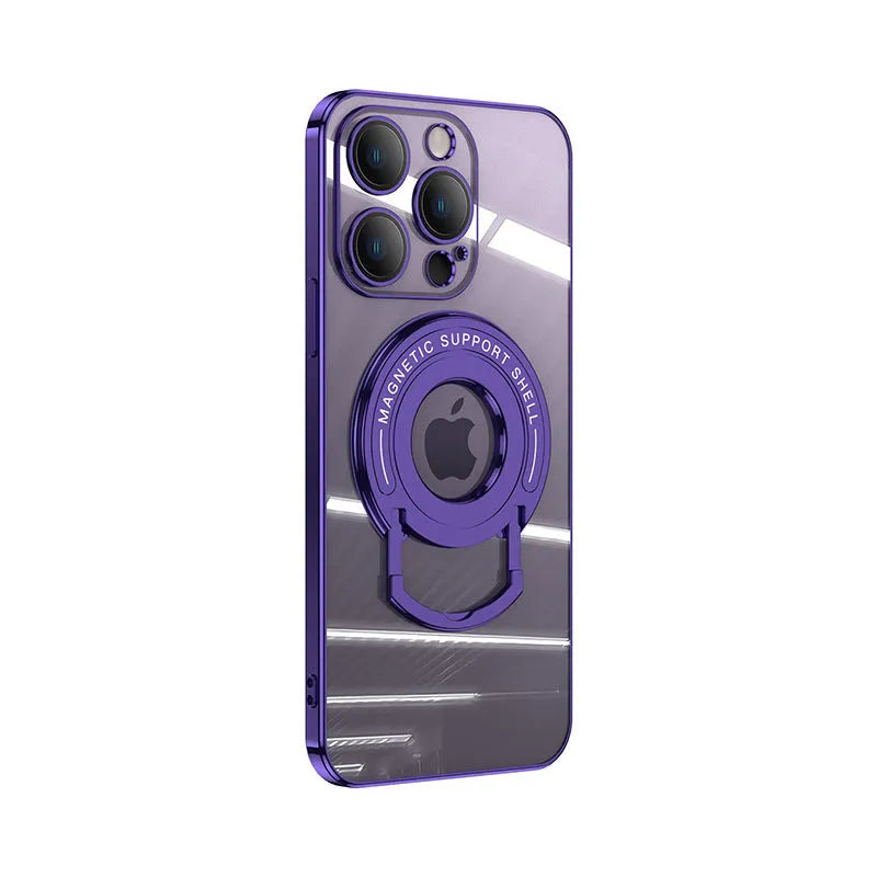 Transparent magnetic suction iPhone case with extended pull rod stand in far peak blue colour