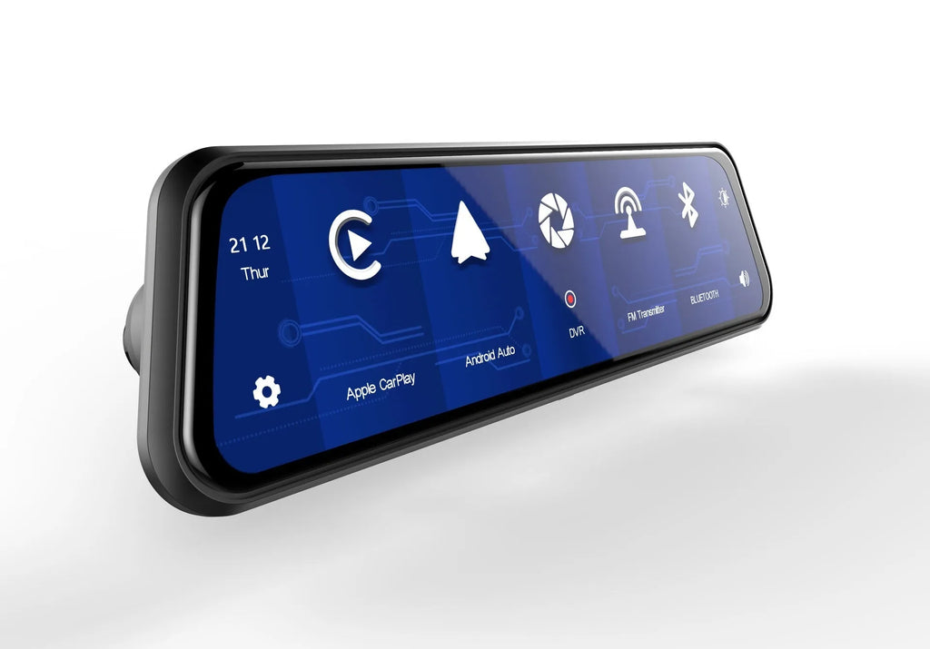 Black dual-lens dashboard camera with 9.66-inch screen mounted on car windshield.