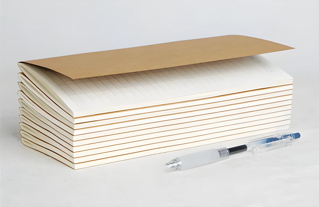 Cowhide diary refill insert showing dot grid and ruled pages with 11x21cm dimensions