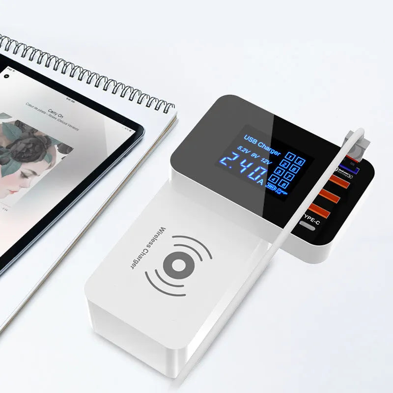 White multi-port USB fast charger with four USB-A ports, 1.5m cable, and international plug adapters.