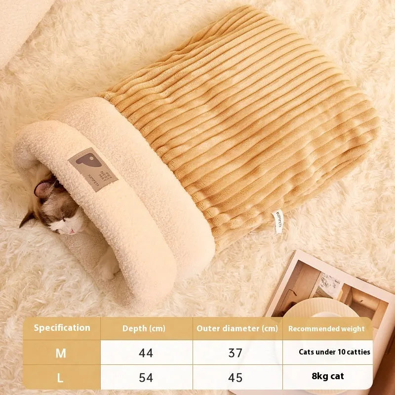 Brown semi-enclosed lambswool cat sleeping bag on a wooden floor.
