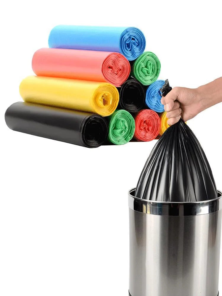 Roll of thickened black plastic bin bags showing 50x60cm dimensions and flat-mouth opening design
